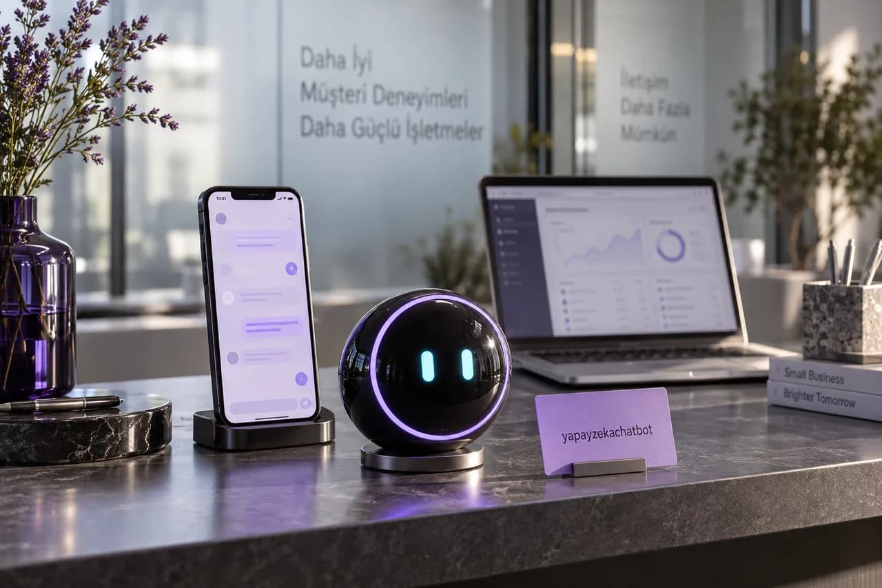 Maskot, telefon ve yönetim ekranının bir arada yer aldığı temsili marka çalışma alanı